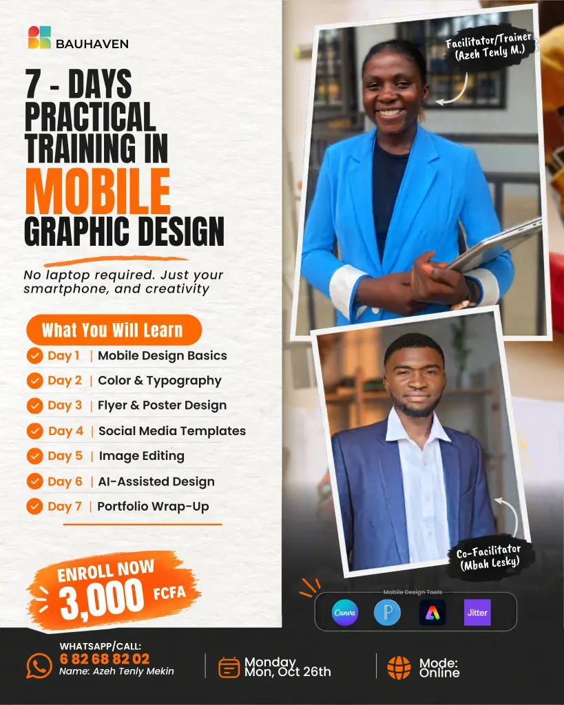 Bauhaven 7-Days Practical Training in Mobile Graphic Design flyer featuring Azeh Tenly M. and Mbah Lesky